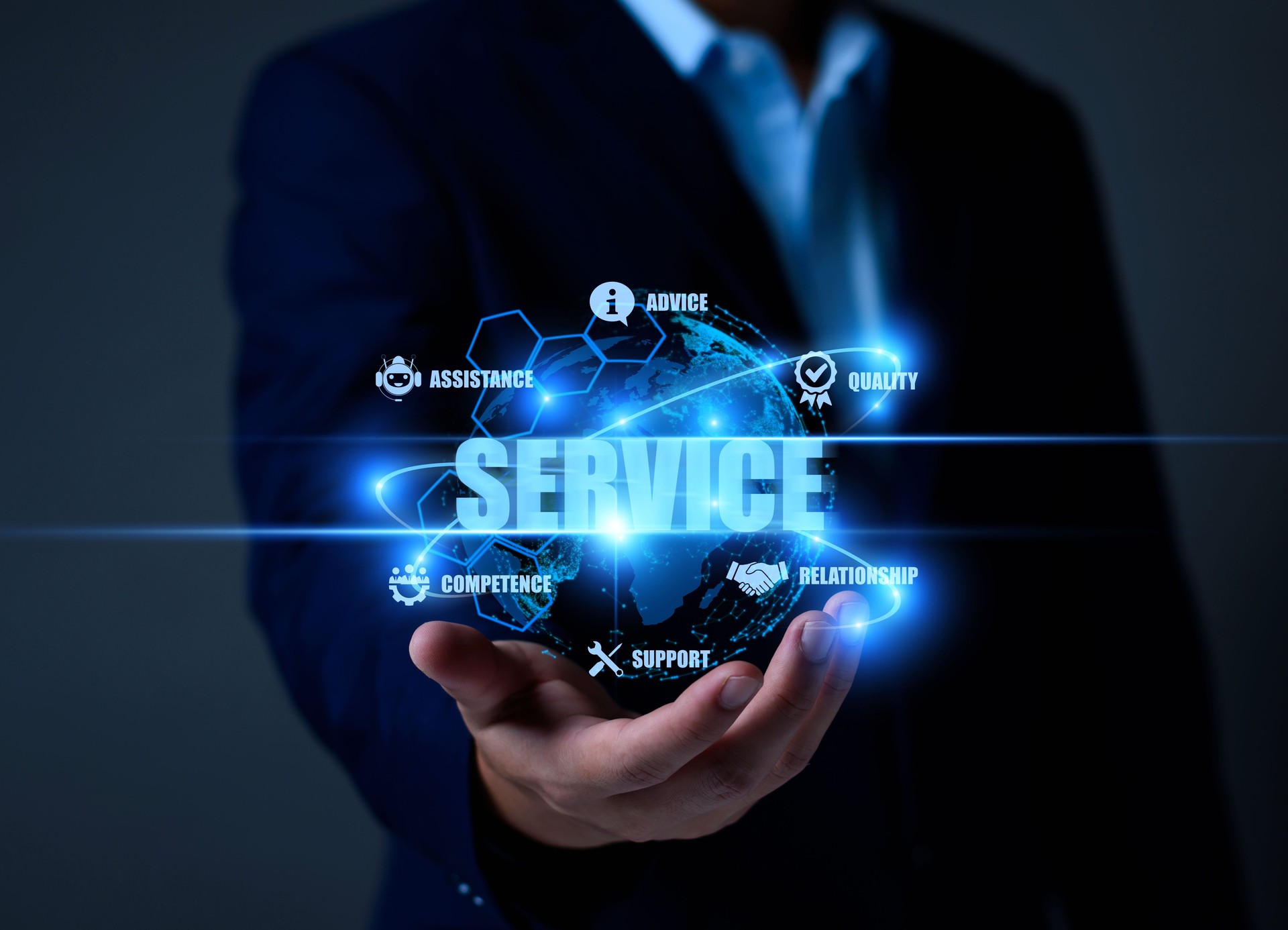 Business service online digital technology. Businessman touching digital globe hologram. Quality business relationship. customer service advice and support. Technology robot assistance online services Business service online digital technology. Businessman touching digital globe hologram. Quality business relationship. customer service advice and support. Technology robot assistance online services